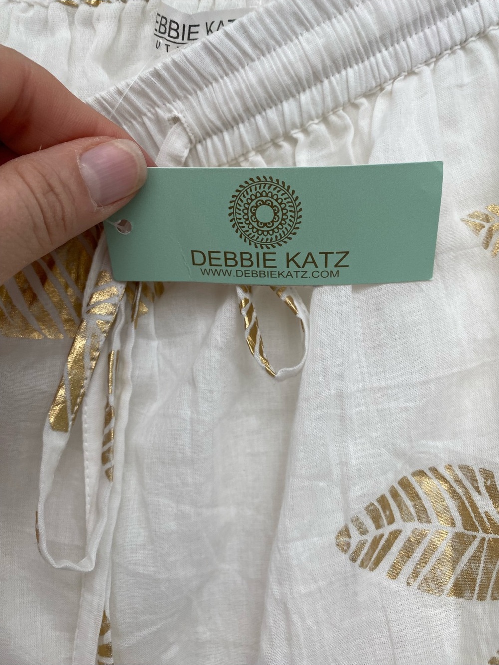 NWT Debbie Katz White Maxi Skirt w Metallic Gold Leaf Print & Drawstring Waist L - Picture 6 of 8